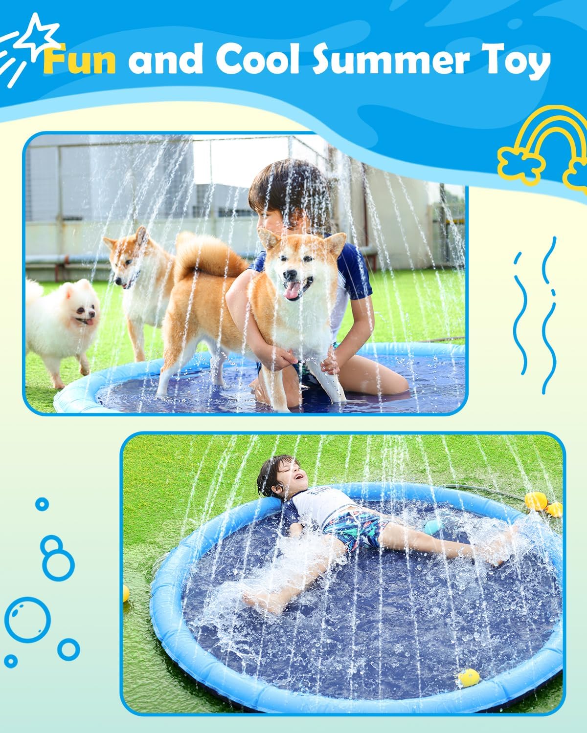 Dog Splash Pad 51" Anti-Slip Dog Pool for Large Dogs 0.58 Mm Thick Dog Sprinkler Outdoor Dog Toys - Dog Accessories for Large Dogs